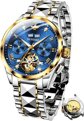 Vista 15 de OUPINKE - Reloj automático para hombre, diseño de esqueleto de diamante mecánico de cuerda automática, lujo, reloj de pulsera de cristal de zafiro