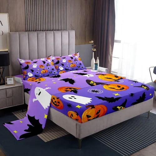 Vista 12 de Manfei Juego de sábanas de Halloween tamaño individual, juego de ropa de cama de farol de calabaza fantasmas para niños y niñas, decoración