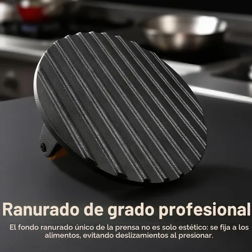 Vista 4 de Smash - Prensa de hamburguesa redonda de 6.9 pulgadas, herramienta trituradora de hamburguesas de hierro fundido resistente de 2.2 libras con mango