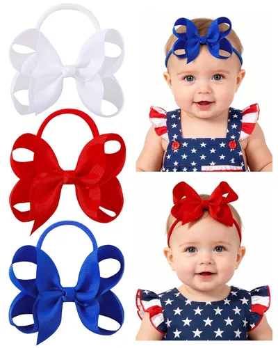 Vista 12 de jollybows 40 piezas Diademas con Lazos de Cinta Grosgrain para Bebés Niñas 4" Banda Elástica para el Cabello Accesorios para el Cabello para Bebés