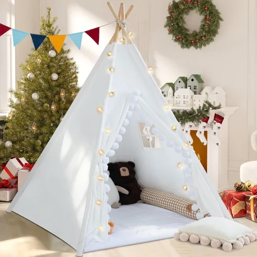 Vista 9 de WIRHAO Tienda de campaña tipi para niños con alfombrilla acolchada, lona de algodón, tipi con pompón para niños pequeños, tienda de campaña