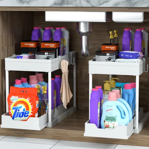 Vista 7 de MEAFBIRD Paquete de 2 organizadores para debajo del fregadero, organizador de gabinete de baño de 2 niveles con cesta deslizante, organizadores
