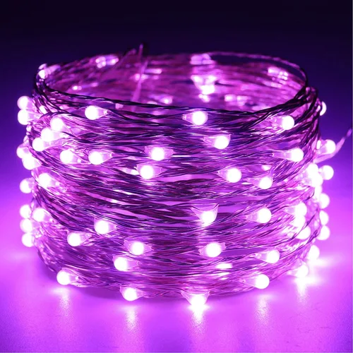 Vista 2 de RUICHEN Guirnalda de luces de alambre plateado enchufable, 33 pies, 100 luces LED estrelladas con carrete, color morado Waterproof Starry String