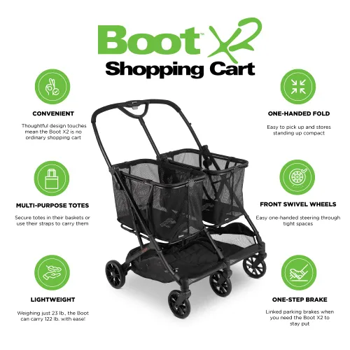 Vista 5 de Joovy Carrito de compras Boot X2 con capacidad de peso total de 122 libras, bolsas extraíbles dobles, neumáticos giratorios para una fácil