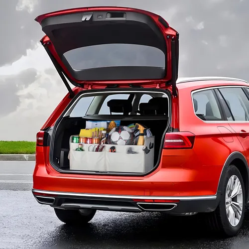 Vista 7 de titiyiof Organizador de maletero para SUV y sedán, organizadores y almacenamiento de automóvil, correas plegables y ajustables, organización Beige