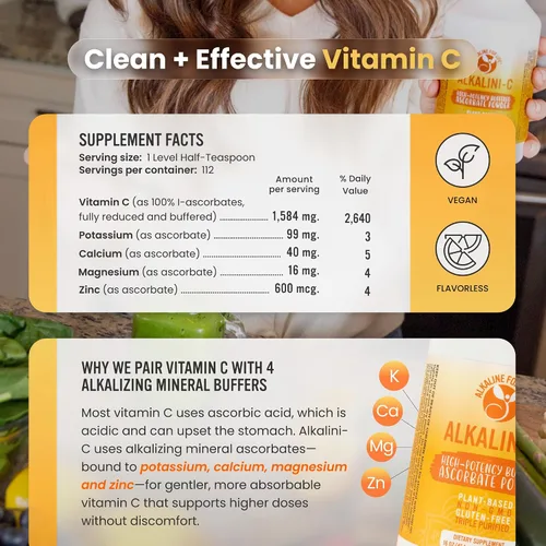 Vista 3 de Polvo de vitamina C alcalini-C, potente polvo de vitamina C de L-ascorbato natural, sin maíz sin OMG, vitamina C tamponada para una mayor absorción