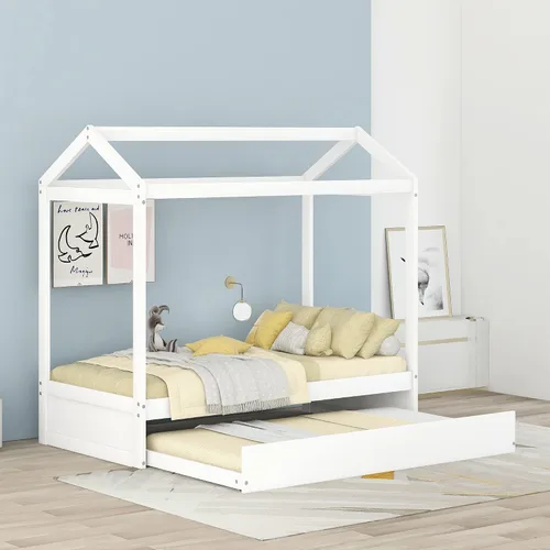 Vista 10 de Harper & Bright Designs Cama de casa de tamaño individual con cama nido de tamaño individual, sofá cama de madera, cama de plataforma con techo
