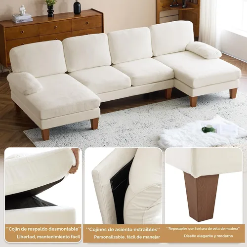 Vista 3 de VINGLI Sofá modular de 110 pulgadas para sala de estar, sofá en forma de U con diván doble, juego de sofá de 4 asientos con tela de felpilla
