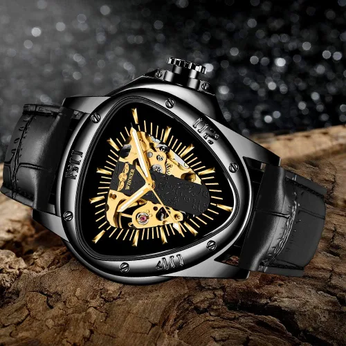 Vista 5 de Triangle Golden Skeleton Watch for Men Mechanical Automatic Wristwatch Sport Silver Stainless Steel Mens Watches