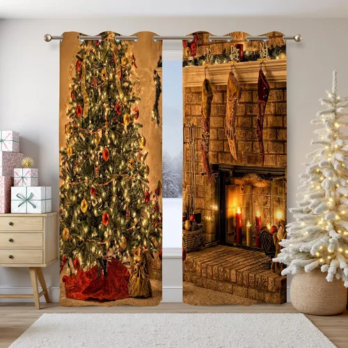 Vista 16 de Renaiss Cortinas opacas de Navidad con tablones de madera rústica para dormitorio, con ojales, estampado de copos de nieve navideños, cortinas