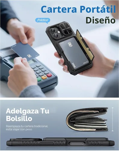 Vista 6 de ATATOO Funda tipo cartera para iPhone 17, tarjetero integrado (3-5 tarjetas), funda para cámara deslizante y bloqueo RFID, protección de grado Negro