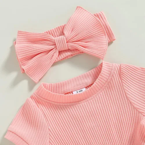 Vista 82 de Traje de verano para niña pequeña, de manga corta, acanalado, overol liso, pantalones cortos, ropa para recién nacidos