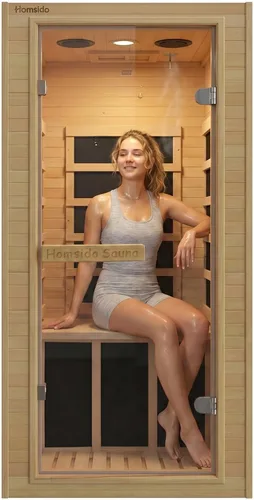 Vista 32 de Sala de sauna de infrarrojo lejano de 1350W para el hogar, sauna de madera canadiense de Hemlock de calentamiento rápido bajo EMF, luz de sauna que