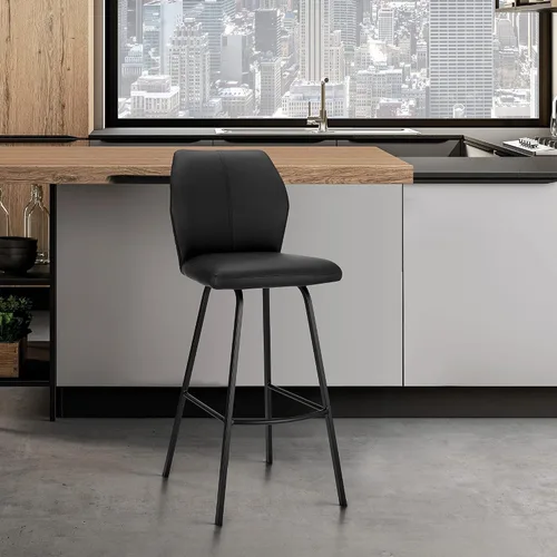 Vista 15 de Armen Living Taburete de cuero sintético gris Tandy y metal negro de 26 pulgadas
