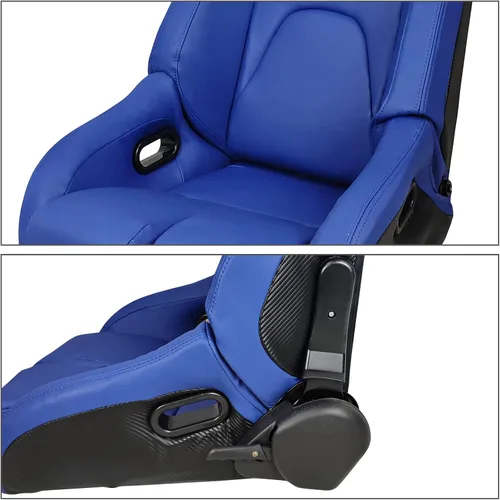 Vista 4 de IKON MOTORSPORTS, Par de asientos universales de carreras con deslizadores dobles, cuero de PU azul y carbono reclinable izquierdo y derecho