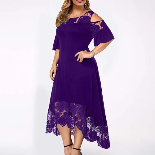 Vista 3 de Vestido largo de verano para mujer, con hombros descubiertos, costuras de encaje, con volantes, manga corta, talla grande, maxi vestidos largos