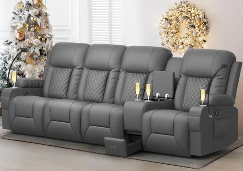 Vista 10 de YONISEE - Juego de sofá reclinable moderno - Sofá de 3 asientos y 1 silla reclinable giratoria con calor y masaje para sala de estar (3+1)