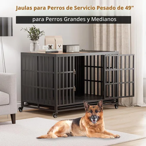 Vista 2 de Mueble resistente de 49 pulgadas, jaulas de madera para perros grandes y medianos, perrera interior con bandeja extraíble, mesa auxiliar decorativa