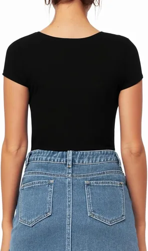 Vista 3 de MANGOPOP - Enterizo ajustado con cuello cuadrado y manga corta o larga para mujer