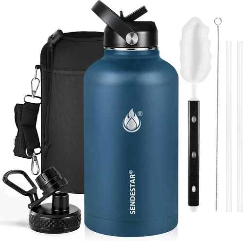 Vista 35 de SENDESTAR Botella de agua aislada de 24 onzas, boca ancha, botella de agua de 24 onzas con tapa con popote, tapa de boquilla, acero inoxidable