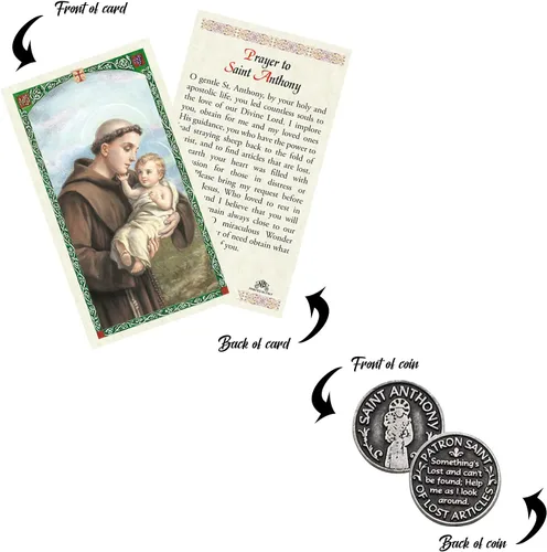 Vista 6 de Trendzeen Figura de estatua de San Antonio de Padua (4 pulgadas), tarjeta de oración laminada, moneda de bolsillo de San Antonio, tarjeta de oración