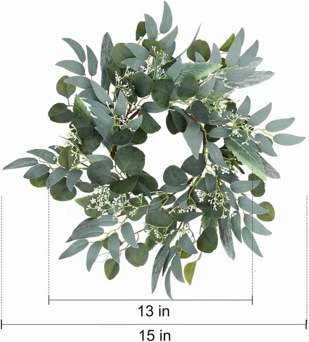 Vista 2 de Corona de eucalipto verde artificial, corona verde de 15 pulgadas con racimos de flores blancas, mini coronas de primavera/verano para decoración