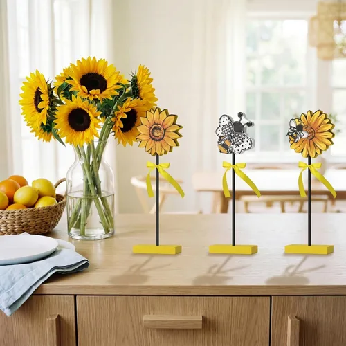 Vista 6 de Smile - 3 piezas de decoración de madera para interiores, estilo de abeja de girasol, centros de mesa de verano para el hogar, cocina, exhibición