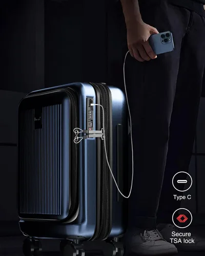Vista 2 de LUGGEX Equipaje de mano con compartimento para laptop, maleta rígida de policarbonato con cargador y puerto USB integrado, equipaje expandible