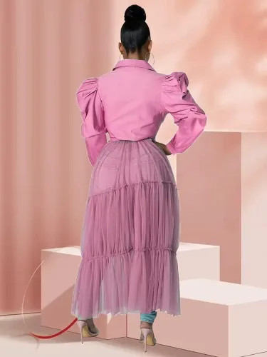 Vista 9 de Ekaliy Blusa sexy para mujer, manga larga con volantes, con botones, de malla transparente, maxi vestido con cinturón