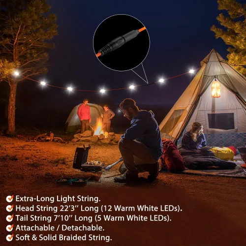 Vista 4 de Tira de luces para interiores y exteriores con cargador de panel solar, impermeable, recargable, 17 luces LED, desmontables de 30 pies de largo, 7