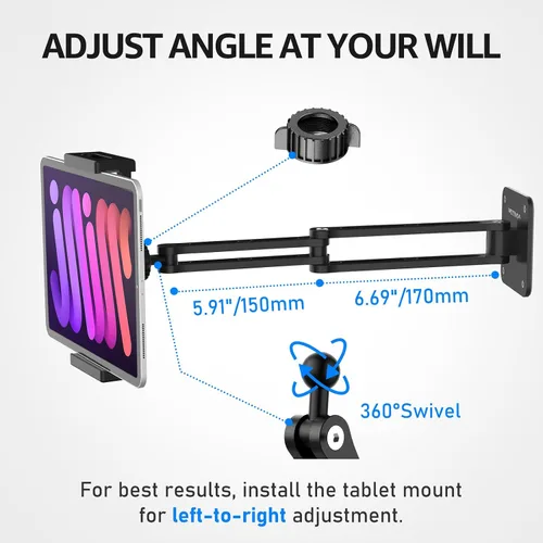 Vista 2 de Urmust Soporte de pared para tableta para iPad, rotación de 360°, soporte ajustable para tablet con brazo extensible de aluminio, para iPad
