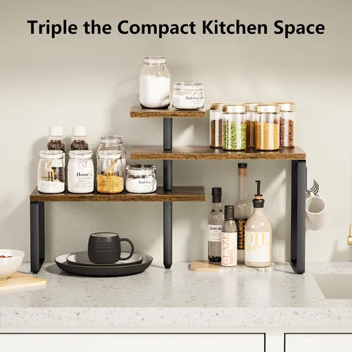 Vista 3 de Alsonerbay Estante organizador de esquina de 3 niveles para cocina y baño Rustic Wood & Metal Storage Shelf with Hanging Hooks for Coffee Bar