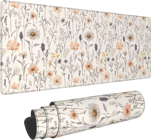 Vista 24 de Alfombrilla de mouse para juegos con diseño de flores y cerezas, base de goma antideslizante, alfombrilla de mouse extendida con bordes cosidos
