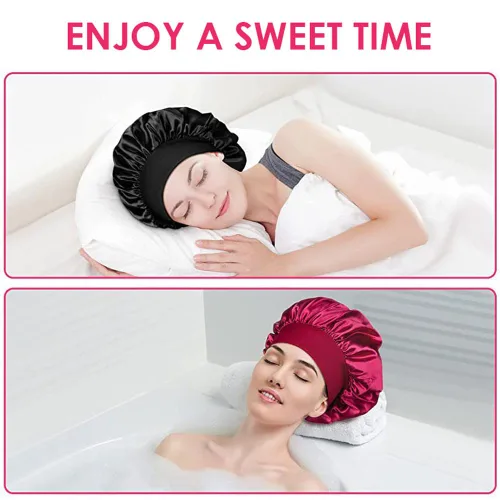 Vista 4 de Gorro de seda blanco para mujeres durmiendo, gorro de seda para dormir, trenzas de cabello rizado, gorra de satén grande para dormir, gorra de noche