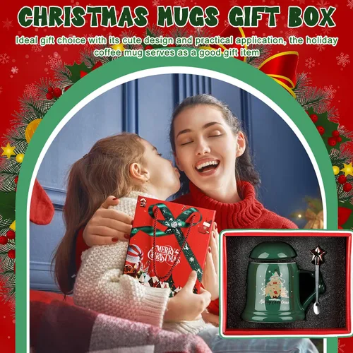 Vista 5 de Sliner Taza de Navidad de Cerámica Feliz Navidad Taza de Árbol de Navidad con Cuchara de Estrella y Tapa Taza de Santa para Regalos de Navidad