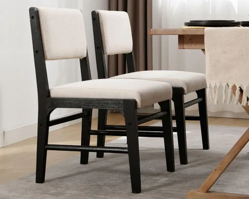 Vista 5 de HNY Juego de 2 sillas de comedor de lino beige con marco de madera negra, silla de cocina tapizada de tela moderna con respaldo rectangular, sillas