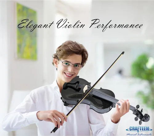 Vista 3 de CRAFTEEM 1/2 Conjunto de violín negro premium hecho a mano para principiantes, adultos y niños con cinta adhesiva para dedos de 5 colores - Violín