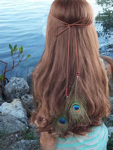 Vista 5 de CAKURE Diadema de plumas bohemia, diadema gitana, bandas para el pelo indio, diadema hippie para festivales, accesorios para el cabello