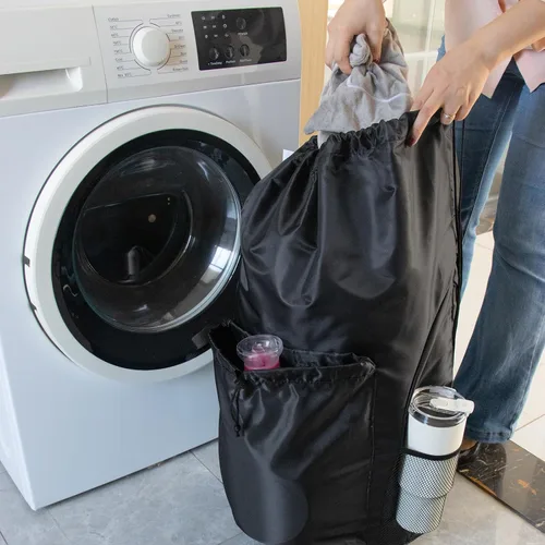 Vista 6 de Polecasa - Mochila de lavandería duradera con correas acolchonadas, tela resistente a desgarros, 3.8 oz/yd² y múltiples bolsillos, grande, Negro