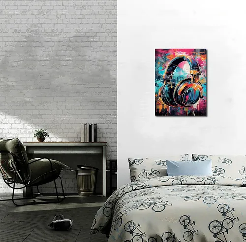 Vista 9 de KDKJTOP Cuadro colorido de auriculares, arte de pared en lienzo con graffiti para auriculares, 12 x 16 pulgadas/11.8 x 15.7 in, arte de pared