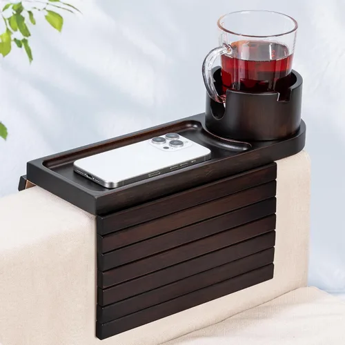 Vista 11 de Soporte de taza para sofá para reposabrazos de más de 4.9 pulgadas de ancho, bandeja de brazo de sofá de madera de acacia con soporte de taza