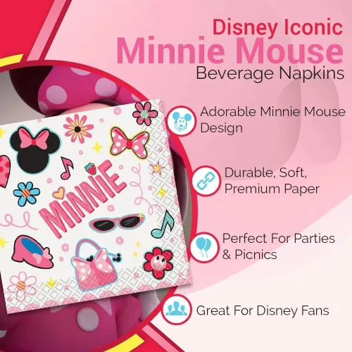 Vista 4 de Unique Disney Iconic Minnie Mouse - Servilletas de papel para bebidas, 5 x 5 pulgadas, 16