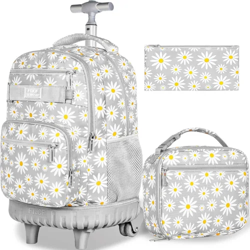 Vista 18 de Mochila con ruedas para mujeres, niñas, mochila escolar Crisantemo Negro
