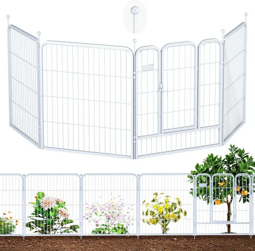 Vista 10 de Valla de jardín al aire libre con puerta, paquete de 6 unidades de 32 pulgadas de alto x 14 pies de largo, metal resistente, valla decorativa