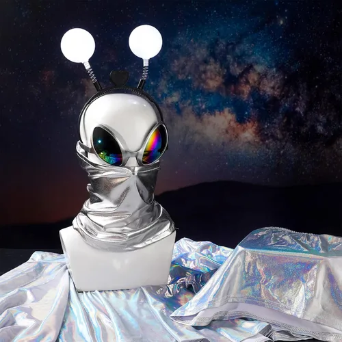Vista 3 de Jiuguva 6 piezas de disfraz de alienígena de Halloween para mujer, diadema de alienígena, lentes, faldas metálicas, traje superior para adultos