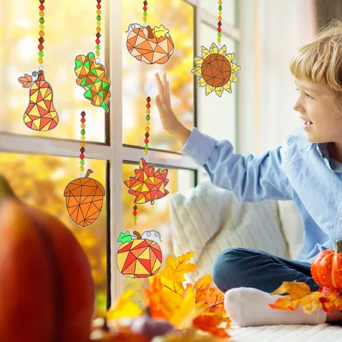 Vista 9 de Winlyn 33 juegos de hojas de otoño calabaza bellota girasol atrapasoles adornos decoraciones de pintura de ventana arte atrapasoles kits