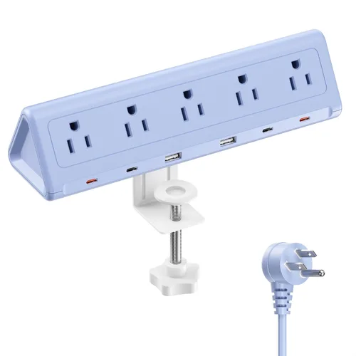 Vista 10 de Regleta de alimentación con abrazadera de escritorio de 6.5 pies con 5 salidas de CA y 6 puertos USB PD de 40 W USB-C de carga rápida, cable de Negro