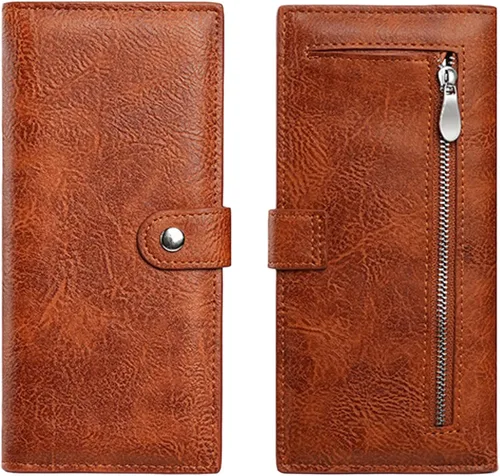 Vista 12 de Cartera delgada RFID para mujer, cartera delgada para mujer, tarjetero de cuero plegable con bolsillo con cremallera para ventana de identificación