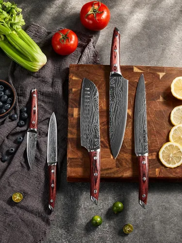 Vista 9 de FOHERE Juego de cuchillos de chef, 5 cuchillos de cocina ultra afilados con mango ergonómico de madera de Pakka roja, juego de cuchillos