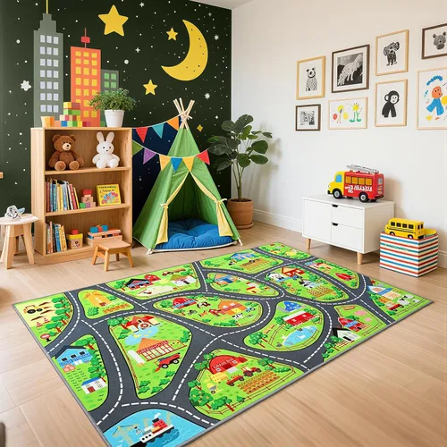 Vista 16 de Alfombras de juego de autos para niños, 36 x 60 pulgadas, tapete de juego de mapa de ruta urbano para jugar con autos, camiones, tapete de juego
